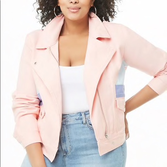 pink color block denim jacket